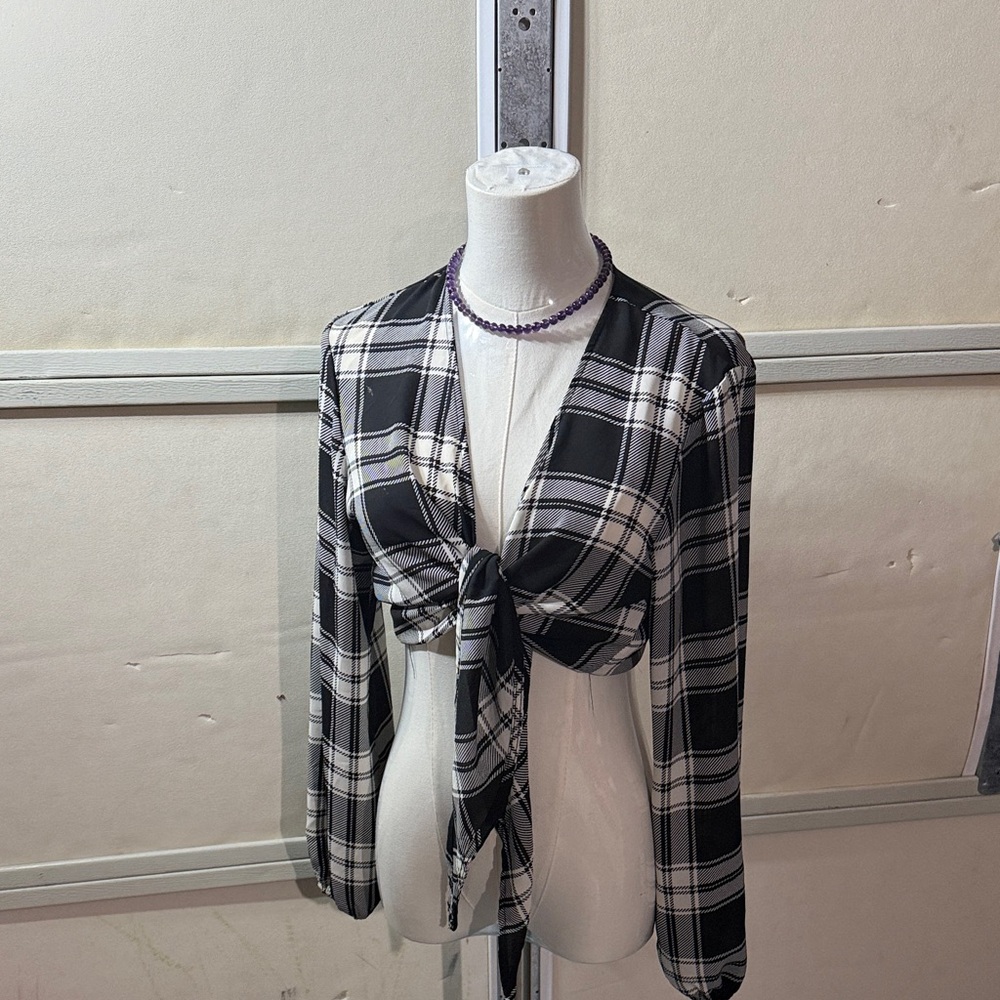 Black and White Plaid Tie-Front Top